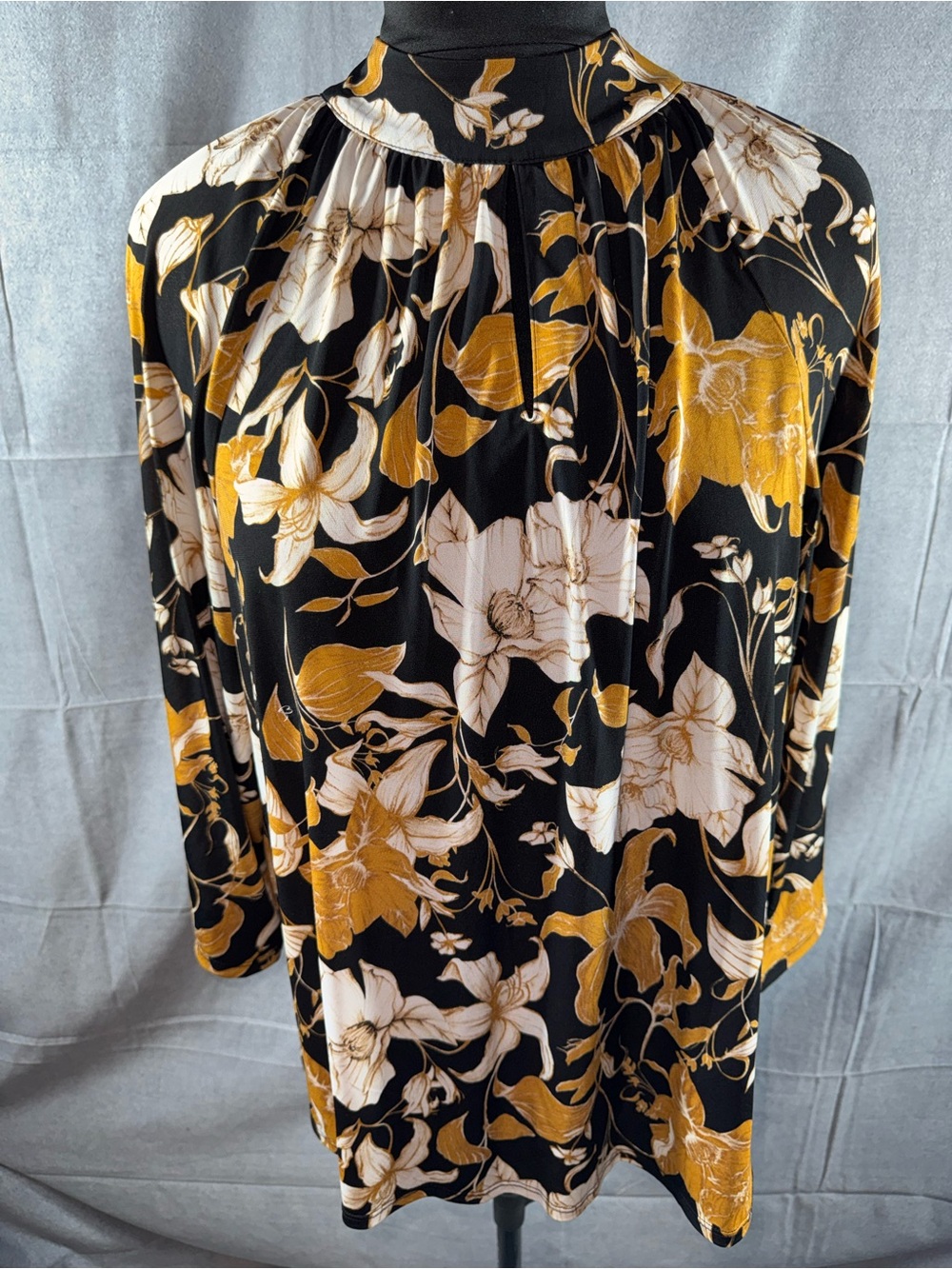 2669-Cato Black Floral Blouse in Mustard and Cream